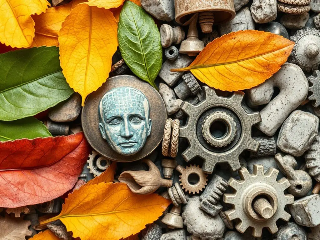 Una composición artística que combina hojas de otoño de colores diversos con engranajes y piezas metálicas, junto a una figura de rostro humano con un diseño de red, reflejando la interacción entre la naturaleza y la tecnología.